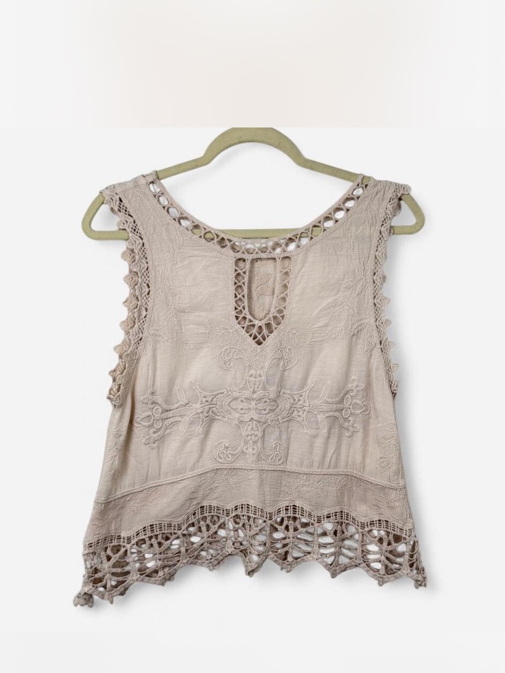 Boho Lace Trim Sleeveless Top - Taupe